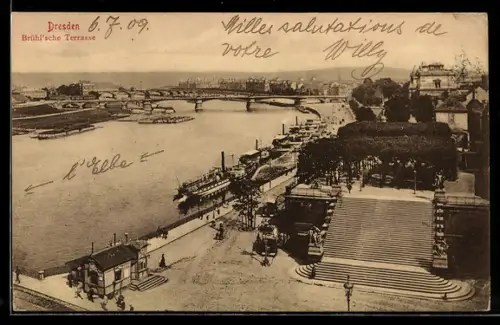 AK Dresden, Brühl`sche Terrasse, Elbe, Dampfschiffe