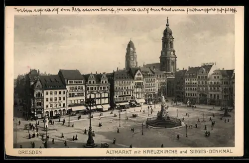 AK Dresden, Altmarkt, Kreuzkirche, Sieges-Denkmal