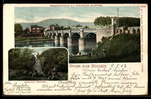 AK Rinteln, Weserbrücke mit Rintelner Klippen, Bismarck Denkmal
