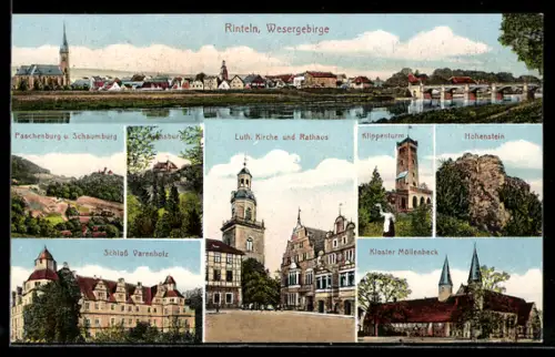 AK Rinteln /Wesergebirge, Luth. Kirche und Rathaus, Klippenturm, Kloster Möllenbeck