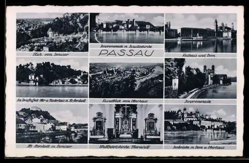 AK Passau, Innpromenade, Rathaus und Dom, Wallfahrtskirche Mariahilf