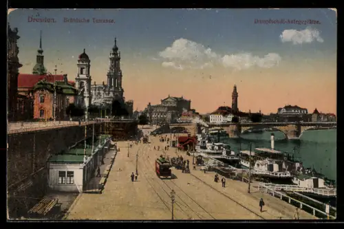 AK Dresden, Brühlsche Terrasse, Dampfschiff-Anlegeplätze, Strassenbahn