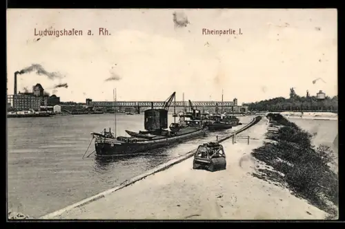 AK Ludwigshafen a. Rh., Rheinpartie mit Schiffen