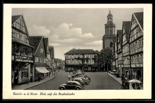 AK Rinteln a. d. Weser, Blick auf die Nicolaikirche, VW Käfer