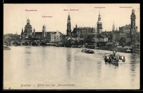 AK Dresden, Frauenkirche, Kath. Hofkirche, Schlossturm, Blick von der Marienbrücke