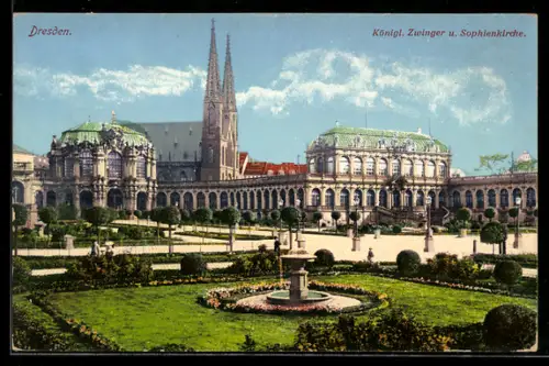 AK Dresden, Königl. Zwinger und Sophienkirche, Gartenanlage