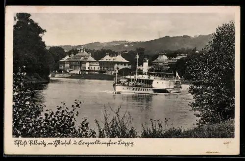 AK Dresden-Pillnitz, Schloss Pillnitz mit Elbinsel und Dampfer Leipzig