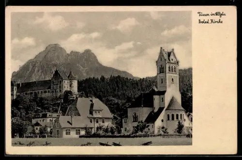 AK Füssen im Allgäu, Protest. Kirche, Burg, Bergpanorama