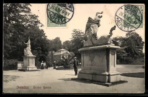 AK Dresden, Grosser Garten, Skulpturen und Gebäude