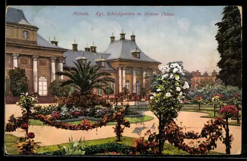 AK Dresden-Pillnitz, Kgl. Schlossgarten mit Neuem Palais