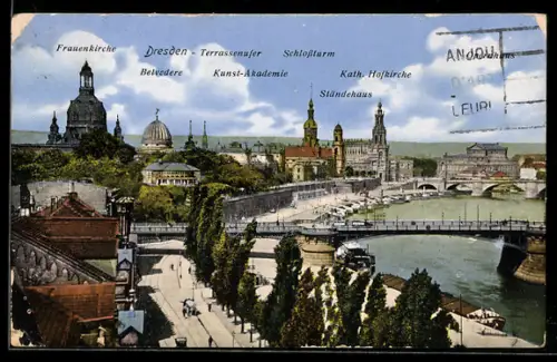 AK Dresden, Terrassenufer, Panorama Frauenkirche, Kunst-Akademie, Schlossturm