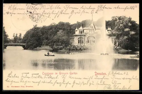 AK Dresden, Carolasee im Grossen Garten, Brücke, Gebäude