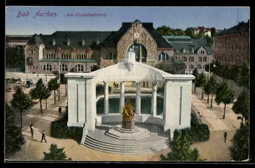 AK Bad Aachen, Hauptbahnhof mit Denkmal aus der Vogelschau