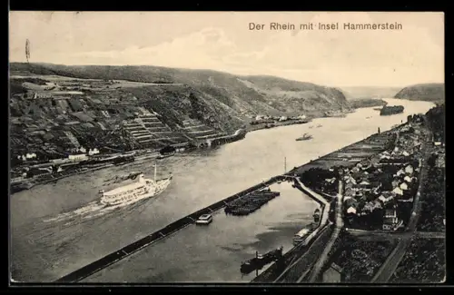 AK Rheinbrohl a. Rh., Rhein mit Insel Hammerstein