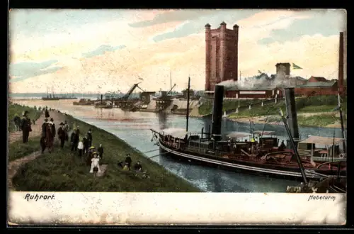 AK Ruhrort, Hafen, Hebeturm, Dampfschiff, Spaziergänger