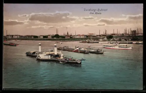 AK Duisburg-Ruhrort, Der Rhein, Schiffe u. Ortspanorama