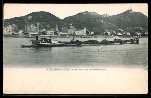 AK Königswinter, Ort u. Siebengebirge, Panorama mit Frachtschiff
