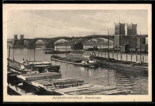 AK Duisburg-Hochfeld, Rheinbrücke, Frachter, Holzlager
