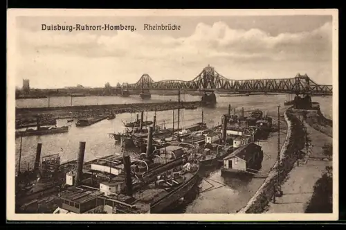 AK Duisburg-Ruhrort, Homberg, Rheinbrücke vom Hafen aus