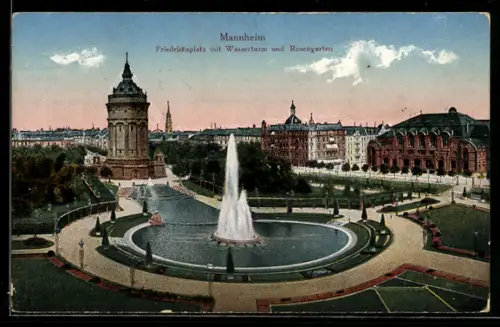 AK Mannheim, Friedrichsplatz mit Wasserturm und Rosengarten
