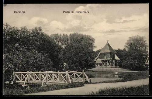AK Bremen, Partie im Bürgerpark, Brücke u. Pavillon