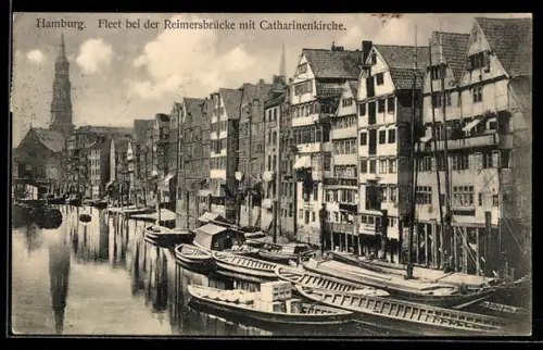AK Hamburg, Fleet bei der Reimersbrücke mit Catharinenkirche