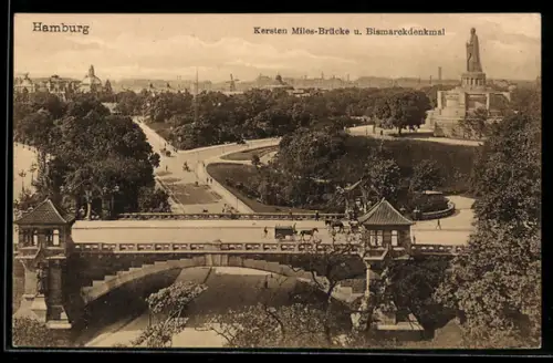 AK Hamburg-St.Pauli, Kersten Miles-Brücke u. Bismarckdenkmal aus der Vogelschau