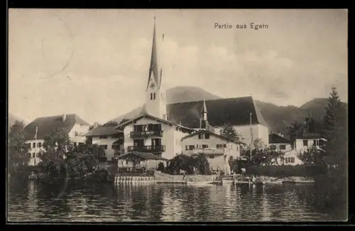 AK Egern, Kirche und Häuser am Seeufer