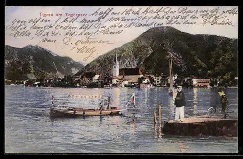 AK Egern am Tegernsee, Seeansicht mit Boot und Kirche