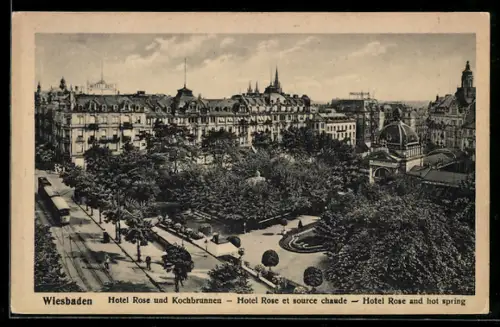 AK Wiesbaden, Hotel Rose und Kochbrunnen, Strassenbahn