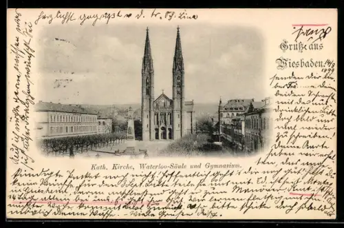 AK Wiesbaden, Kath. Kirche, Waterloo-Säule, Gymnasium