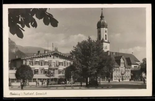 AK Garmisch /Bayr. Alpen, Clausing`s Posthotel, Kirche