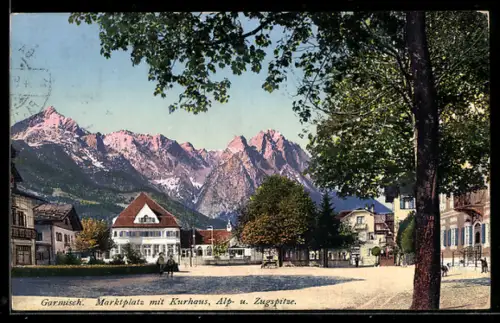 AK Garmisch, Marktplatz mit Kurhaus, Alpspitze, Zugspitze