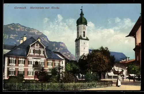 AK Garmisch, Marktplatz, Kirche