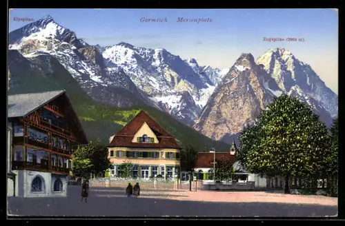AK Garmisch, Marienplatz, Alpspitze, Zugspitze