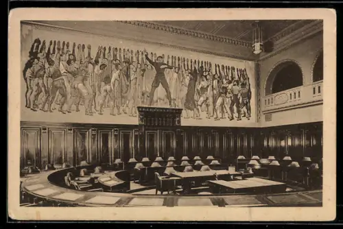 AK Hannover, Neues Rathaus, Saal der beiden Kollegien mit Reformationsbild von Prof. Ferdinand Hodler