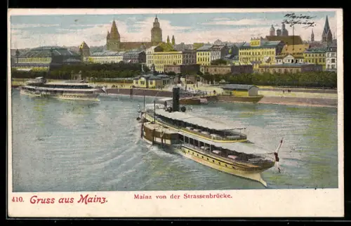 AK Mainz, Ansicht von der Strassenbrücke, Schiffe auf dem Rhein