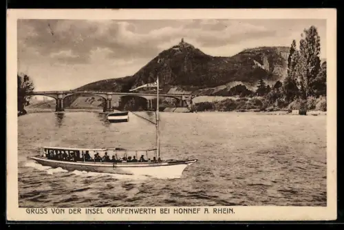 AK Grafenwerth bei Honnef, Inselansicht mit Boot und Brücke