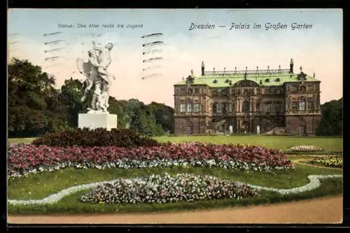 AK Dresden, Palais im Grossen Garten, Statue Das Alter raubt die Jugend