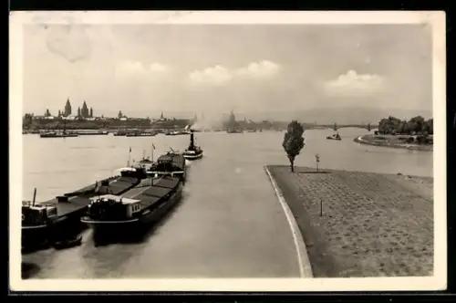 AK Mainz, Mainspitze mit Frachtschiffen