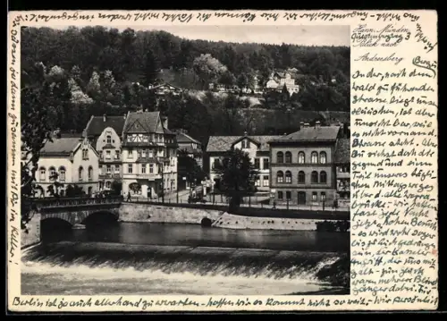 AK Hann. Münden, Blick nach Andreesberg, Häuser am Flussufer, Schloss im Hintergrund
