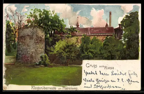 Künstler-AK sign. E.M.: Riesa, Klosterüberreste am Pötenweg