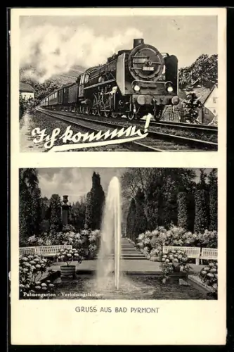 AK Bad Pyrmont, Palmengarten, Verlobungslaube, Eisenbahn