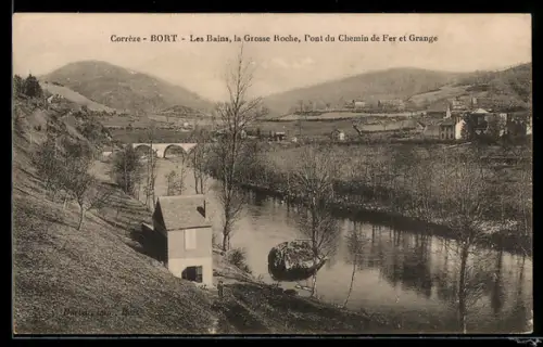 AK Bort /Corrèze, Les Bains, la grosse roche, pont du Chemin de Fer et Grange