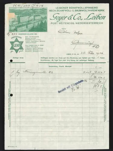 Rechnung Leiben /N.-Oe. 1936, Geyer & Co., Schafwollspinnerei, Fabrik aus der Vogelschau