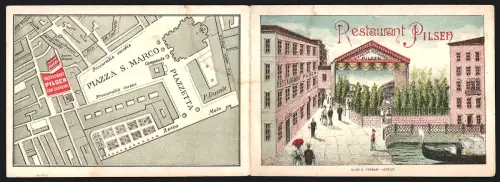 Vertreterkarte Venezia, Restaurant Pilsen, Aussenansicht und Stadtplan