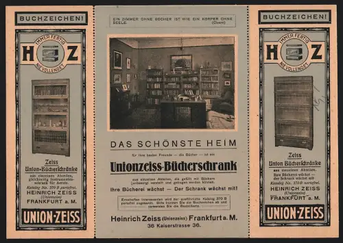 Vertreterkarte Frankfurt a. M., Heinrich Zeiss, Geschäft für Bücherschränke, Wohnzimmer mit Schränken