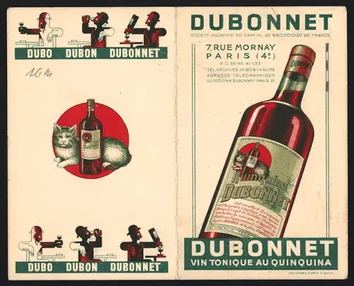 Vertreterkarte Paris, Dubonnet, Vin Tonique au Quinquina, 7 Rue Mornay, Katze mit Weinflasche