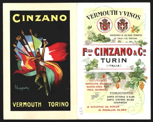 Vertreterkarte Turin, Cinzano, Vermouth Torino, Flasche mit Länderflaggen