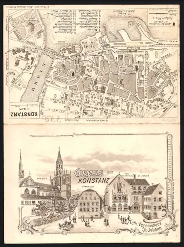 Vertreterkarte Konstanz, Katholisches Vereinshaus St. Johann, Ortspartie mit Münster und Pfarrhof, Ortskarte